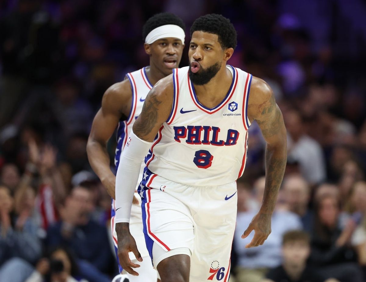 Apr 30, 2026; Philadelphia, Pennsylvania, USA; Philadelphia 76ers forward Paul George (8) reacts to his score against the Boston Celtics during the second quarter at Xfinity Mobile Arena. Mandatory Credit: Bill Streicher-Imagn Images