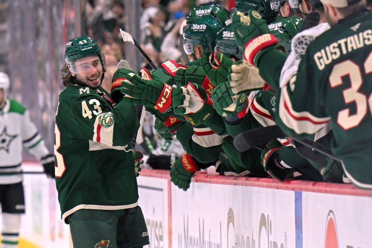 Apr 30, 2026; Saint Paul, Minnesota, USA; Minnesota Wild defensemen Quinn Hughes (43) celebrates his second goal of the night against the Dallas Stars during the third period in game six of the first round of the 2026 Stanley Cup Playoffs at Grand Casino Arena. Mandatory Credit: Nick Wosika-Imagn Images
