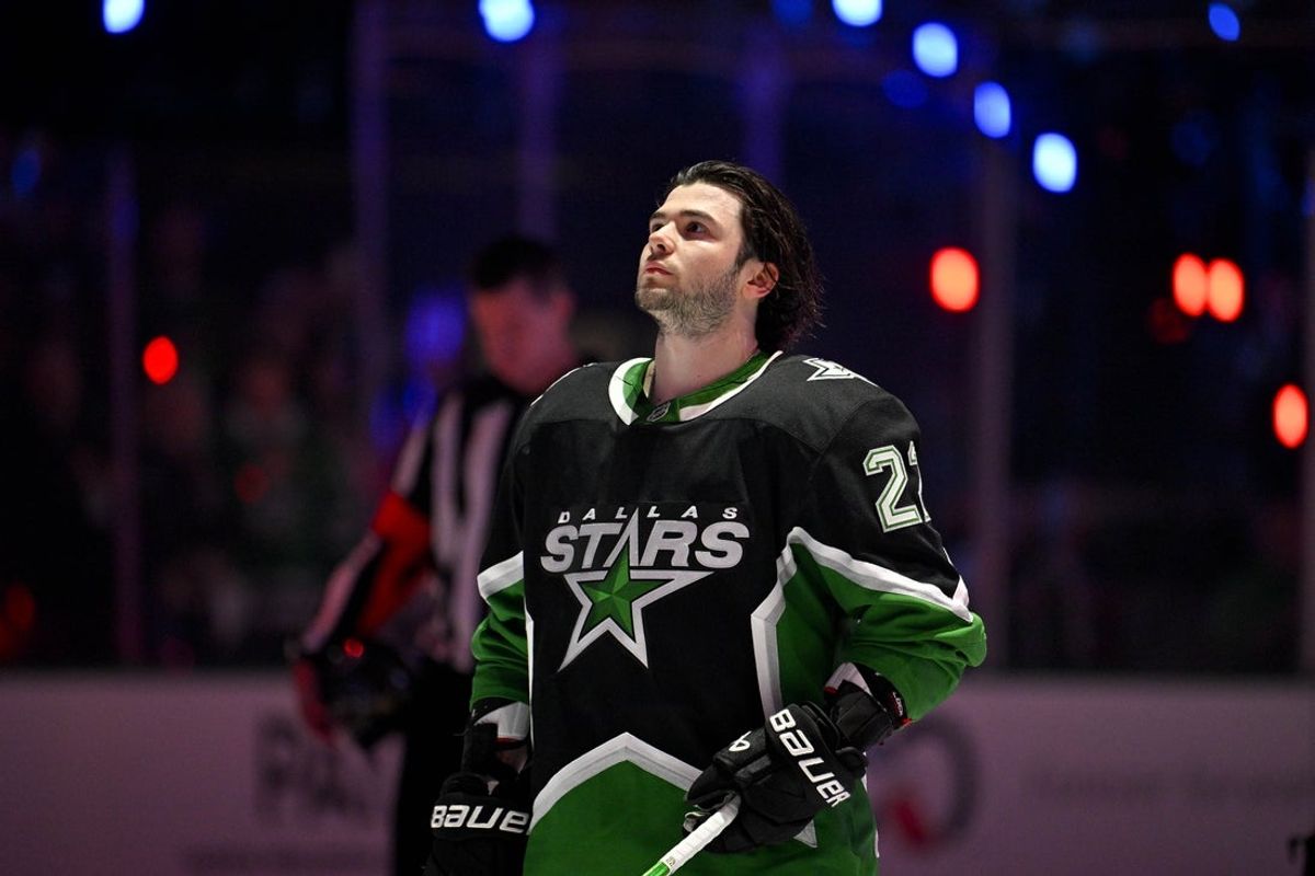 Apr 28, 2026; Dallas, Texas, USA; Dallas Stars center Mavrik Bourque (22) looks on before the game between the Stars and the Wild in game five of the first round of the 2026 Stanley Cup Playoffs at American Airlines Center. Mandatory Credit: Jerome Miron-Imagn Images