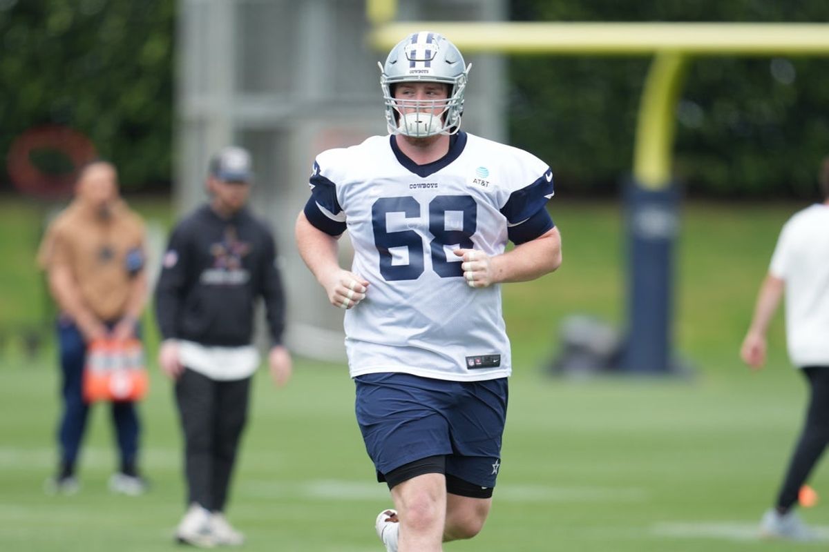 May 1, 2026; Frisco, TX, USA; Dallas Cowboys offensive tackle Cole Hutson (68) on the field during practice at the Ford Center at the Star Training Facility in Frisco, Texas.  Mandatory Credit: Chris Jones-Imagn Images