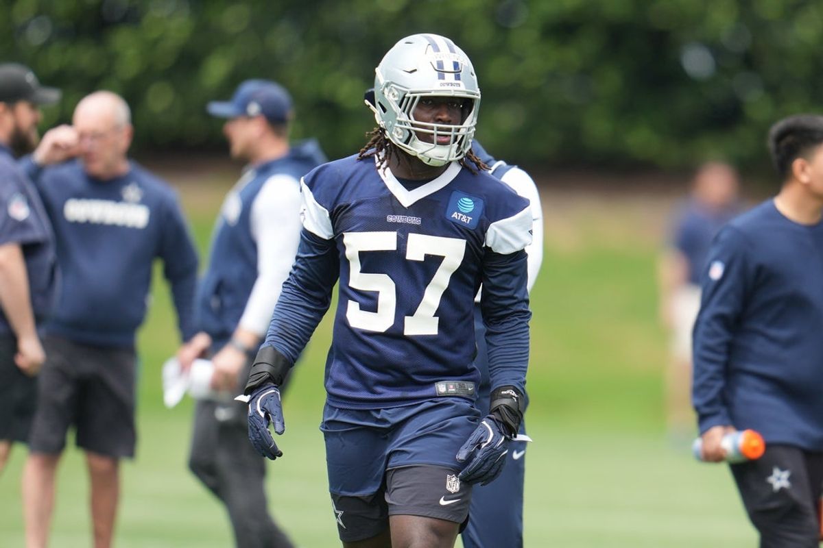 May 1, 2026; Frisco, TX, USA; Dallas Cowboys linebacker Malachi Lawrence (57) goes through a drill during practice at the Ford Center at the Star Training Facility in Frisco, Texas.  Mandatory Credit: Chris Jones-Imagn Images