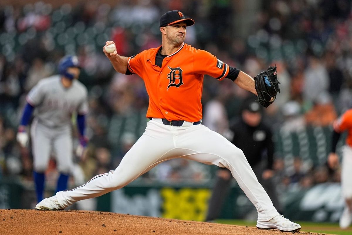 Detroit Tigers pitcher Jack Flaherty (9) throws during the first inning against Texas Rangers at Comerica Park in Detroit on Friday, May 1, 2026.