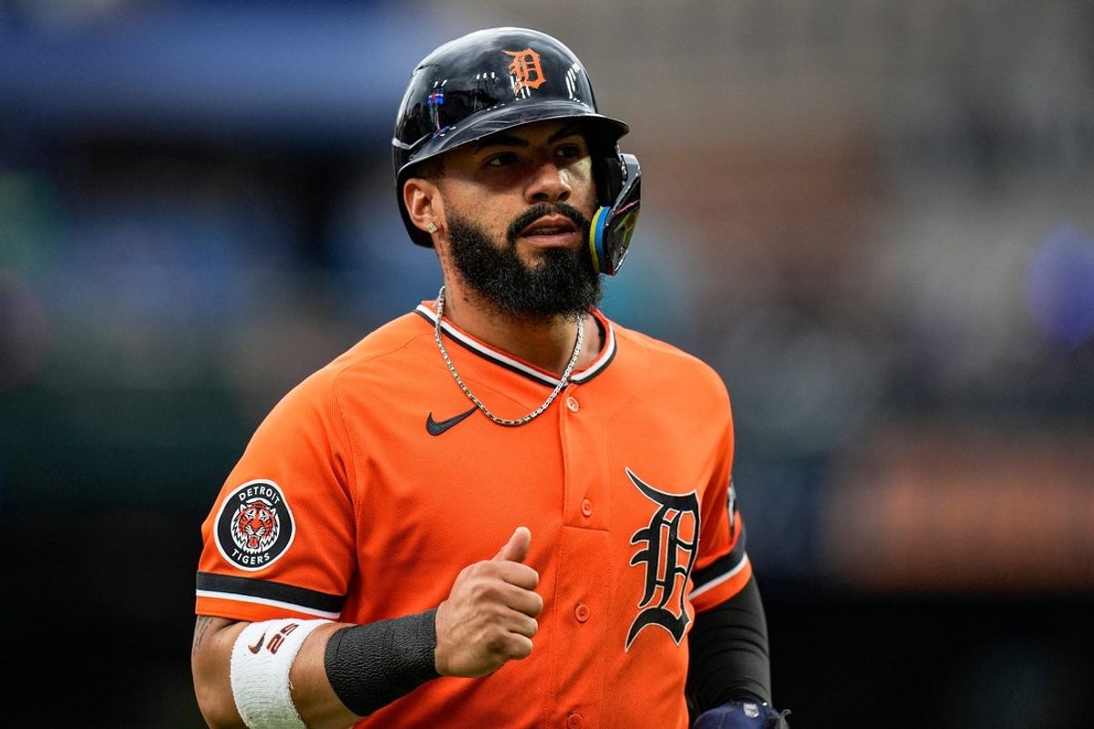 Detroit Tigers second baseman Gleyber Torres (25) runs off the field after out on second base against Texas Rangers during the first inning at Comerica Park in Detroit on Friday, May 1, 2026.