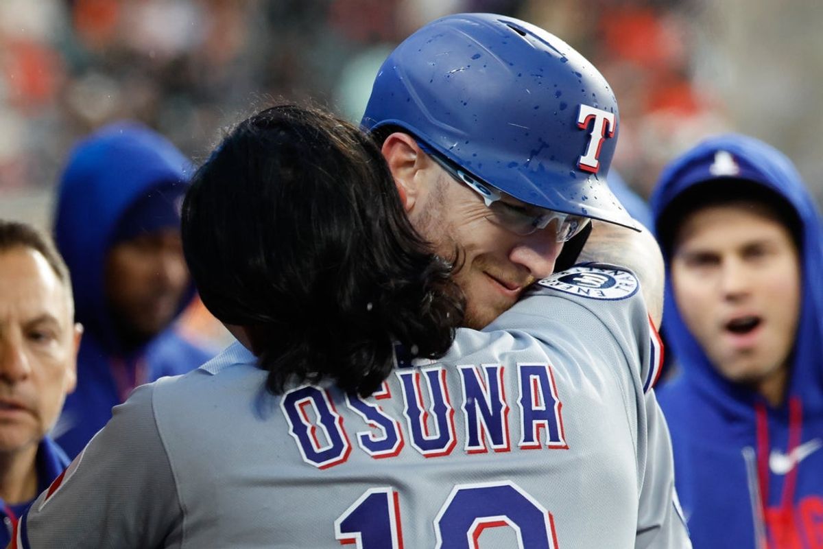 May 1, 2026; Detroit, Michigan, USA;  Texas Rangers catcher Danny Jansen (9) receives congratulations from left fielder Alejandro Osuna (19) after he hits a home run in the third inning against the Detroit Tigers at Comerica Park. Mandatory Credit: Rick Osentoski-Imagn Images