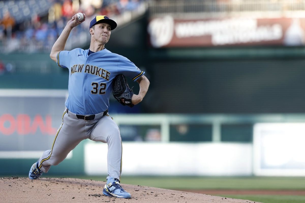 May 1, 2026; Washington, District of Columbia, USA; Milwaukee Brewers pitcher Jacob Misiorowski (32) pitches against the Washington Nationals during the first inning at Nationals Park. Mandatory Credit: Geoff Burke-Imagn Images