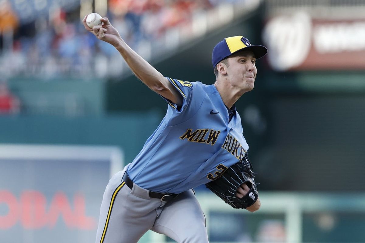 May 1, 2026; Washington, District of Columbia, USA; Milwaukee Brewers pitcher Jacob Misiorowski (32) pitches against the Washington Nationals during the first inning at Nationals Park. Mandatory Credit: Geoff Burke-Imagn Images