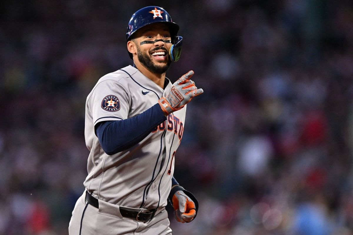 May 1, 2026; Boston, Massachusetts, USA; Houston Astros shortstop Carlos Correa (1) reacts after hitting a solo home run against the Boston Red Sox during the third inning at Fenway Park. Mandatory Credit: Brian Fluharty-Imagn Images