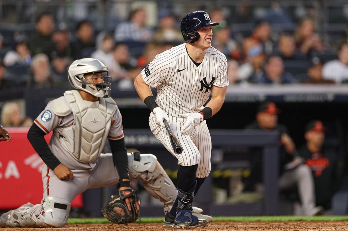 May 1, 2026; Bronx, New York, USA; New York Yankees first baseman Ben Rice (22) hits a three run home run during the second inning against the Baltimore Orioles at Yankee Stadium. Mandatory Credit: Vincent Carchietta-Imagn Images