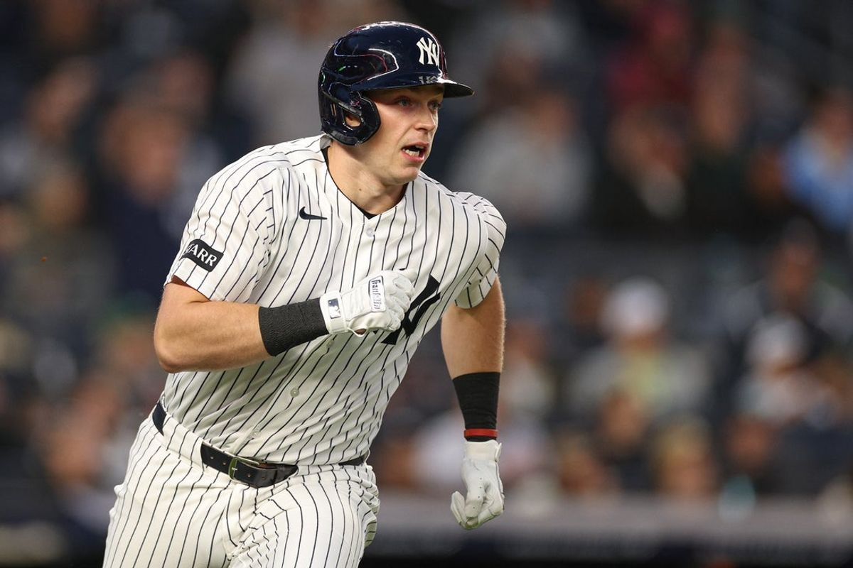 May 1, 2026; Bronx, New York, USA; New York Yankees first baseman Ben Rice (22) hits a three run home run during the second inning against the Baltimore Orioles at Yankee Stadium. Mandatory Credit: Vincent Carchietta-Imagn Images