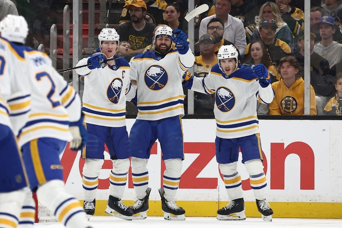 May 1, 2026; Boston, Massachusetts, USA; Buffalo Sabres right wing Alex Tuch (89) (center) points to a teammate after scoring against the Boston Bruins during the first period of game six of the first round of the 2026 Stanley Cup Playoffs at TD Garden. Mandatory Credit: Winslow Townson-Imagn Images