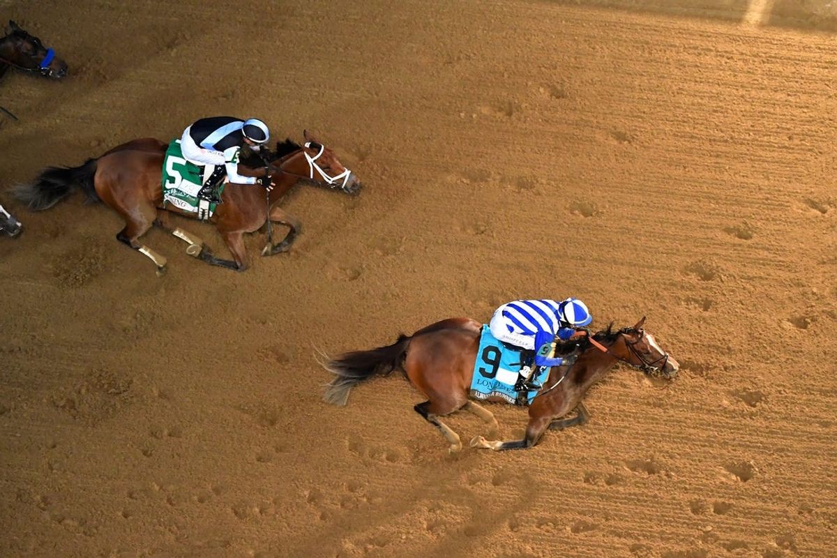 Always A Runner, with Jose L. Ortiz up, leads Meaning, with Juan J. Hernandez up across the finish line to win the 152nd running of these Kentucky Oaks at Churchill Downs, Friday, May 1, 2026 in Louisville Ky.