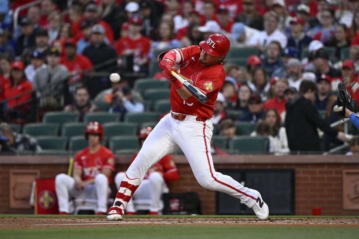 May 1, 2026; St. Louis, Missouri, USA; St. Louis Cardinals third baseman Nolan Gorman (16) hits a solo home run against the Los Angeles Dodgers in the first inning at Busch Stadium. Mandatory Credit: Joe Puetz-Imagn Images