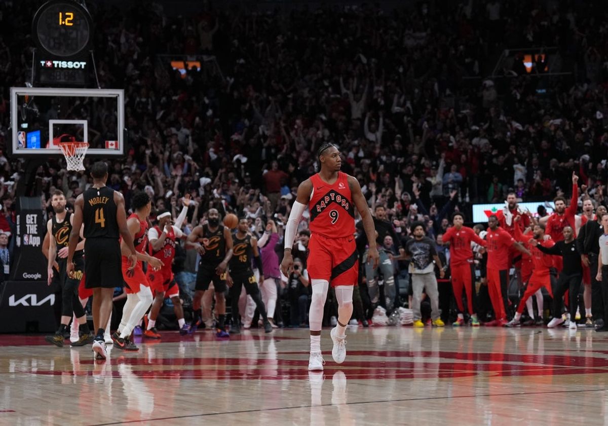 May 1, 2026; Toronto, Ontario, CAN; Toronto Raptors forward RJ Barrett (9) reacts after scoring the winning basket against the Cleveland Cavaliers during the overtime period  in game six of the first round of the 2026 NBA Playoffs at Scotiabank Arena. Mandatory Credit: Nick Turchiaro-Imagn Images