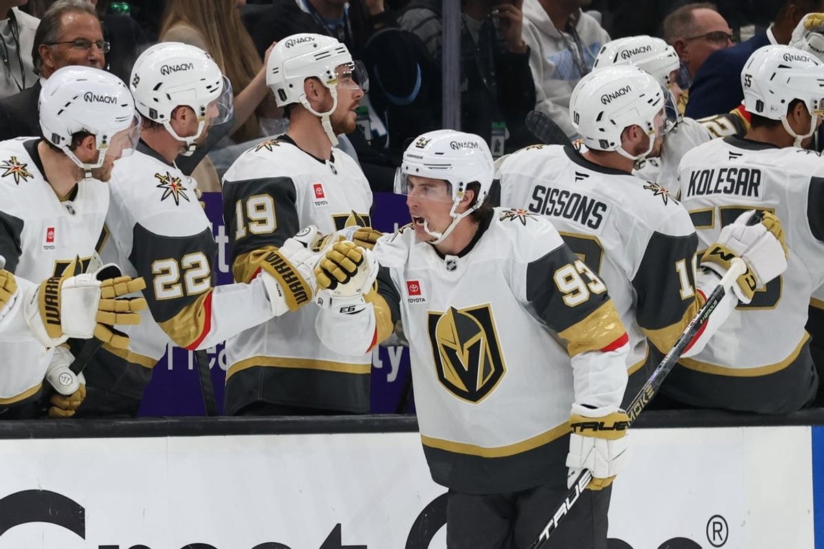 May 1, 2026; Salt Lake City, Utah, USA; Vegas Golden Knights right wing Mitch Marner (93) celebrates with teammates after scoring a goal against the Utah Mammoth during the second period in game six of the first round of the 2026 Stanley Cup Playoffs at Delta Center. Mandatory Credit: Rob Gray-Imagn Images