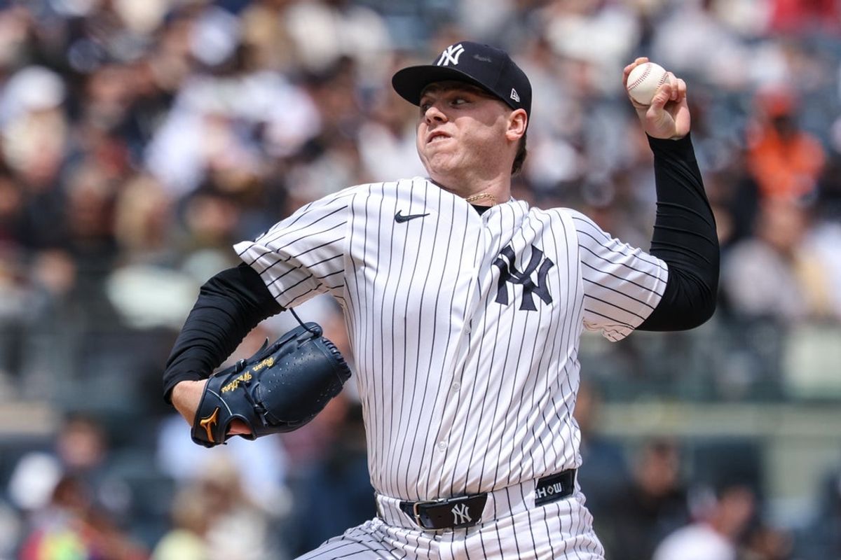 May 2, 2026; Bronx, New York, USA; New York Yankees pitcher Ryan Weathers (40) delivers a pitch during the first inning against the Baltimore Orioles at Yankee Stadium. Mandatory Credit: Vincent Carchietta-Imagn Images