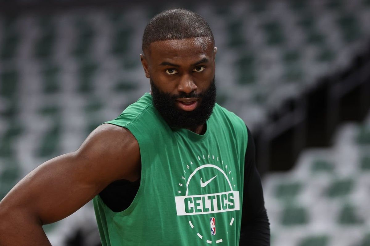 May 2, 2026; Boston, Massachusetts, USA; Boston Celtics guard Jaylen Brown (7) on the court before game seven of the first round of the 2026 NBA Playoffs against the Philadelphia 76ers at TD Garden. Mandatory Credit: Winslow Townson-Imagn Images