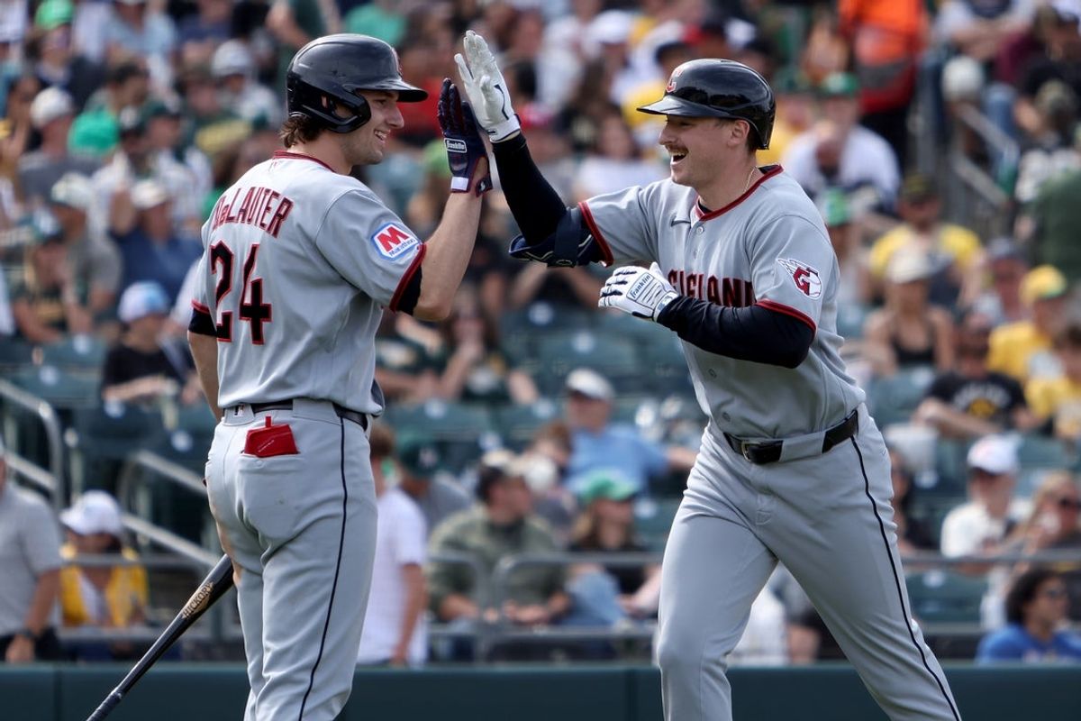 May 2, 2026; West Sacramento, California, USA; Cleveland Guardians infielder Kyle Manzardo (9) high fives Cleveland Guardians designated hitter Chase DeLauter (24) after hitting a three-run home run against the Athletics during the eighth inning at Sutter Health Park. Mandatory Credit: Dennis Lee-Imagn Images