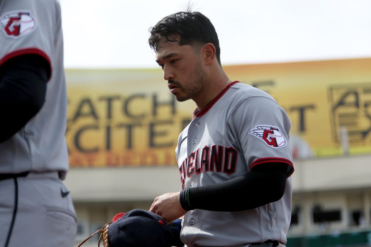 May 2, 2026; West Sacramento, California, USA; Cleveland Guardians center fielder Steven Kwan (38) head into the dugout after the eighth inning in a game against the Athletics at Sutter Health Park. Mandatory Credit: Dennis Lee-Imagn Images
