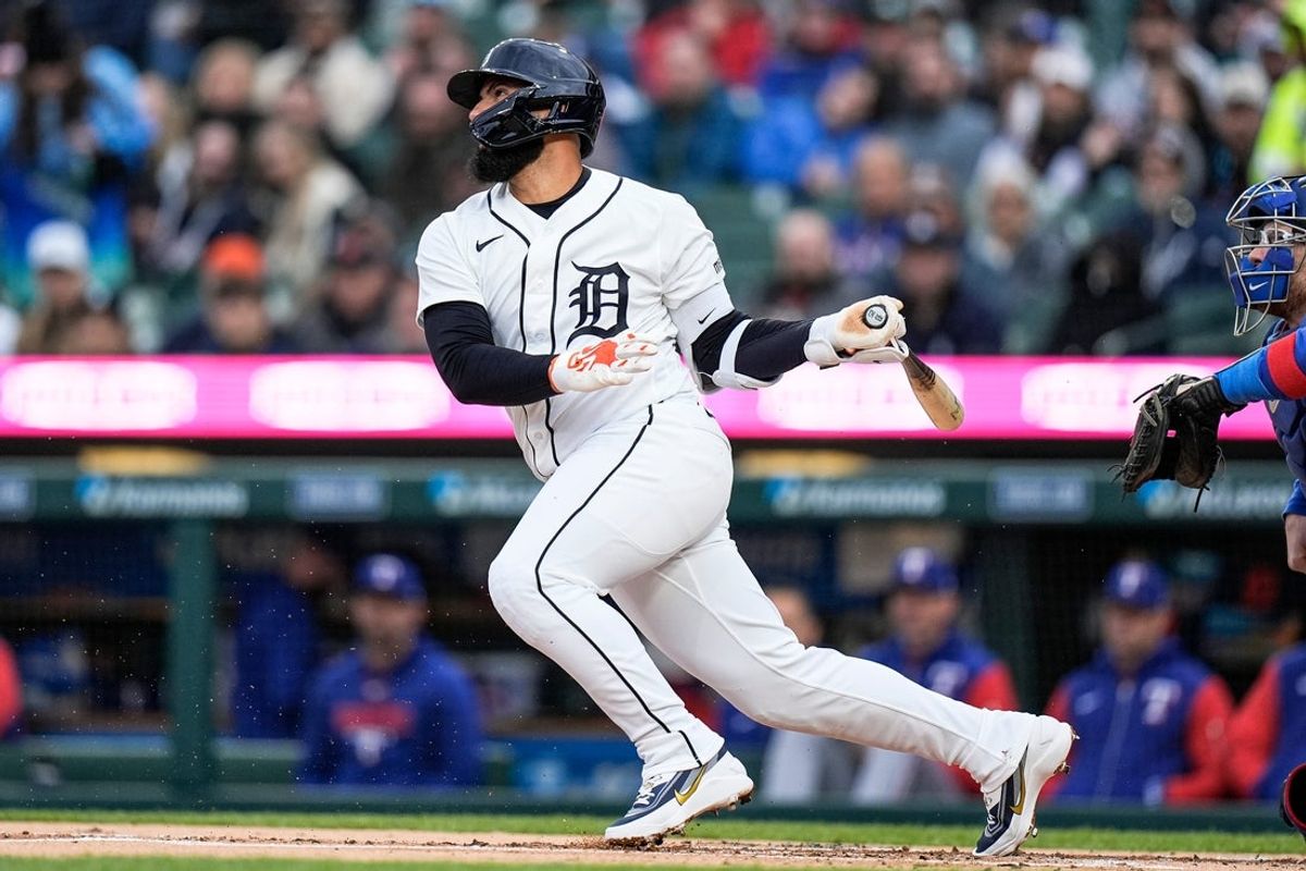 Detroit Tigers second baseman Gleyber Torres (25) bats a single against Texas Rangers during the first inning at Comerica Park in Detroit on Saturday, May 2, 2026.