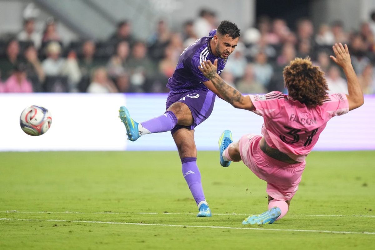 May 2, 2026; Miami, Florida, USA; Orlando City SC midfielder Martín Ojeda (10) scores a goal as Inter Miami CF defender Maximiliano Falcón (37) follows on the play during the first half at Miami Freedom Park. Mandatory Credit: Jim Rassol-Imagn Images