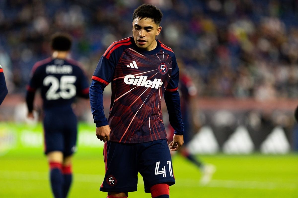May 2, 2026; Foxborough, Massachusetts, USA; New England Revolution forward Luca Langoni (41) looks on in the first half against Charlotte FC at Gillette Stadium. Mandatory Credit: Edward Finan-Imagn Images