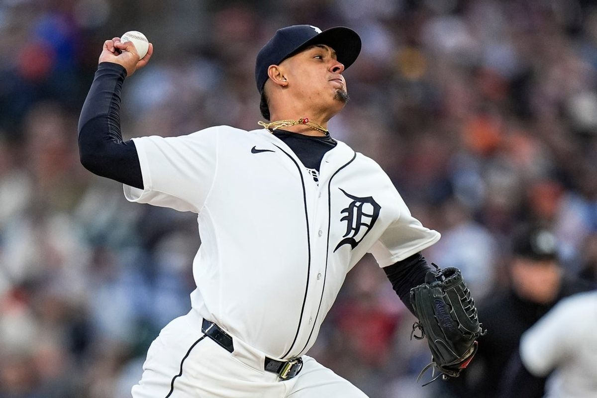 Detroit Tigers pitcher Keider Montero (54) throws against Texas Rangers during the third inning at Comerica Park in Detroit on Saturday, May 2, 2026.