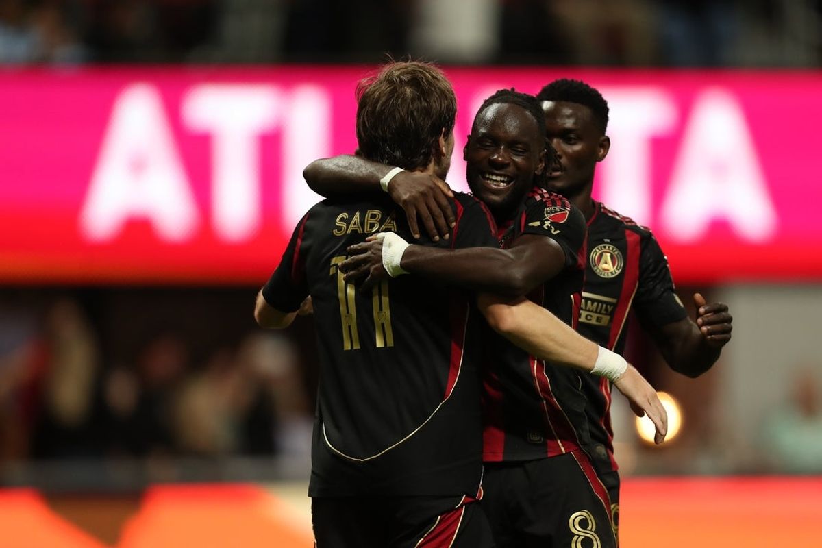 May 2, 2026; Atlanta, Georgia, USA; Atlanta United midfielder Saba Lobjanidze (11) reacts to his goal against the CF Montréal in the first half at Mercedes-Benz Stadium. Mandatory Credit: Mady Mertens-Imagn Images