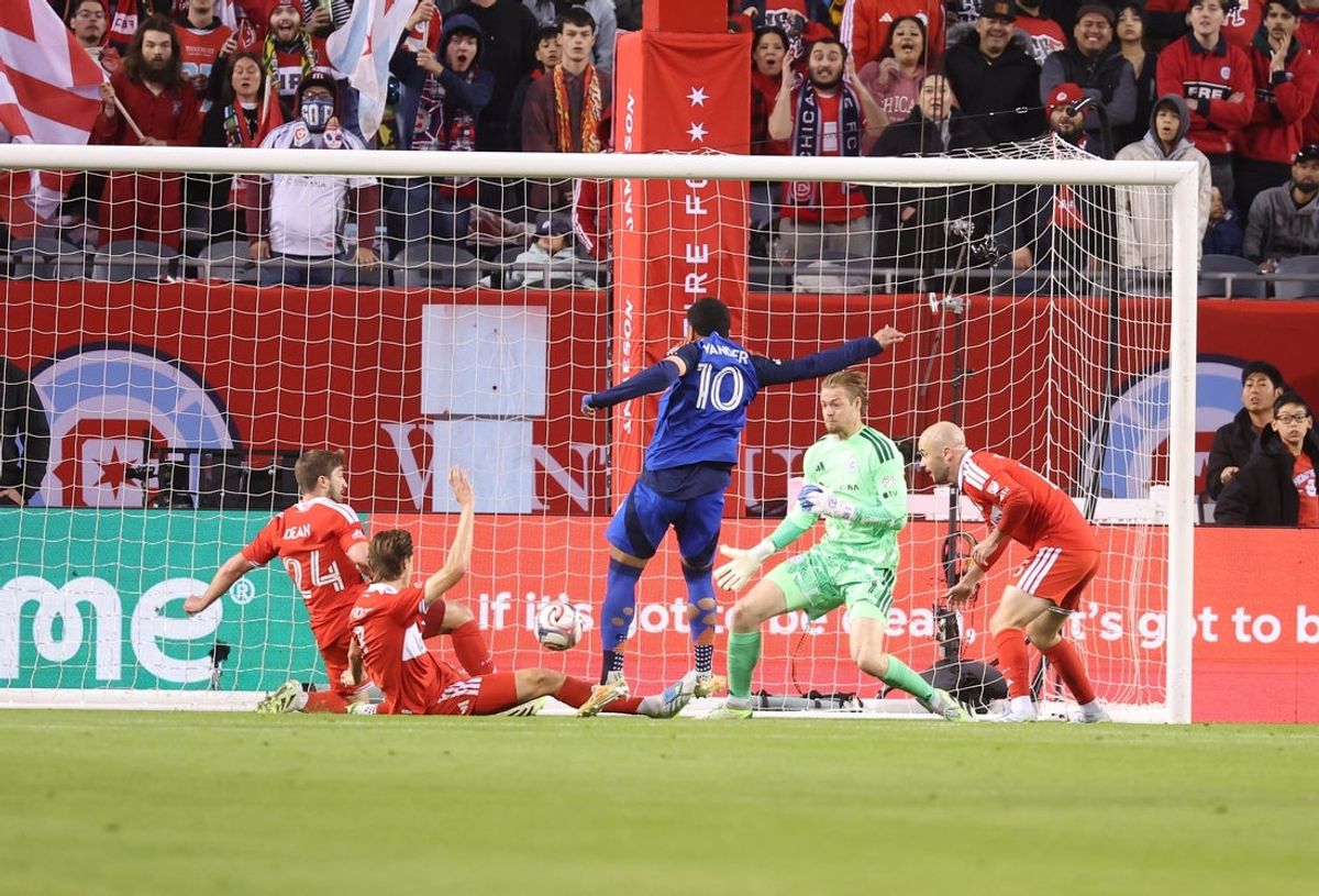 May 2, 2026; Chicago, Illinois, USA; FC Cincinnati midfielder Evander (10) scores a goal during the first half against the Chicago Fire FC at Soldier Field. Mandatory Credit: Talia Sprague-Imagn Images