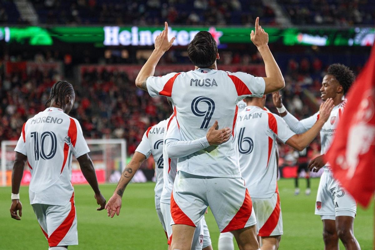 May 2, 2026; Harrison, New Jersey, USA; FC Dallas forward Petar Musa (9) celebrates his goal with teammates during the second half against the Red Bull New York at Sports Illustrated Stadium. Mandatory Credit: Vincent Carchietta-Imagn Images