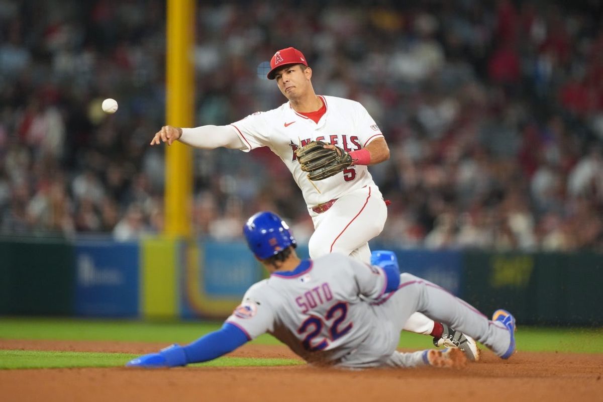 May 2, 2026; Anaheim, California, USA;  Los Angeles Angels second baseman Vaughn Grissom (5) forces out New York Mets designated hitter Juan Soto (22) at second base in the sixth inning at Angel Stadium. Mandatory Credit: Kirby Lee-Imagn Images