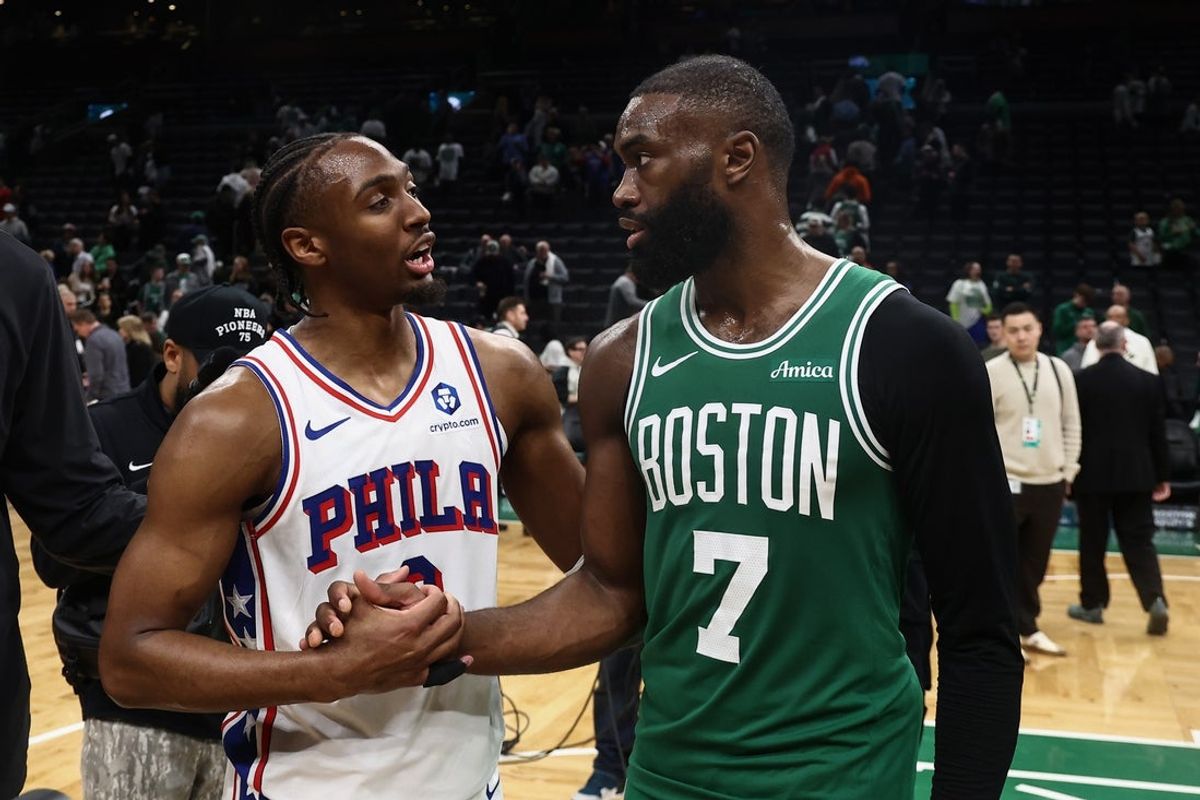 May 2, 2026; Boston, Massachusetts, USA; Philadelphia 76ers guard Tyrese Maxey (0) talks with Boston Celtics guard Jaylen Brown (7)after Philadephia’s win in game seven of the first round of the 2026 NBA Playoffs at TD Garden. Mandatory Credit: Winslow Townson-Imagn Images