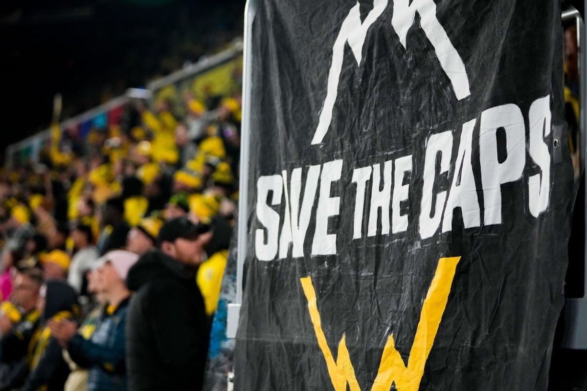 A banner in support of “Save the Caps” a campaign aimed to keep the Whitecaps in Vancouver is seen during the MLS match at ScottsMiracle-Gro Field on Saturday, May 2, 2026 in Columbus, Ohio.