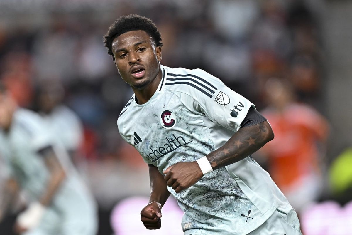 May 2, 2026; Houston, Texas, USA; Colorado Rapids forward Dante Sealy (7) looks on during the first half against the Houston Dynamo at Shell Energy Stadium. Mandatory Credit: Maria Lysaker-Imagn Images