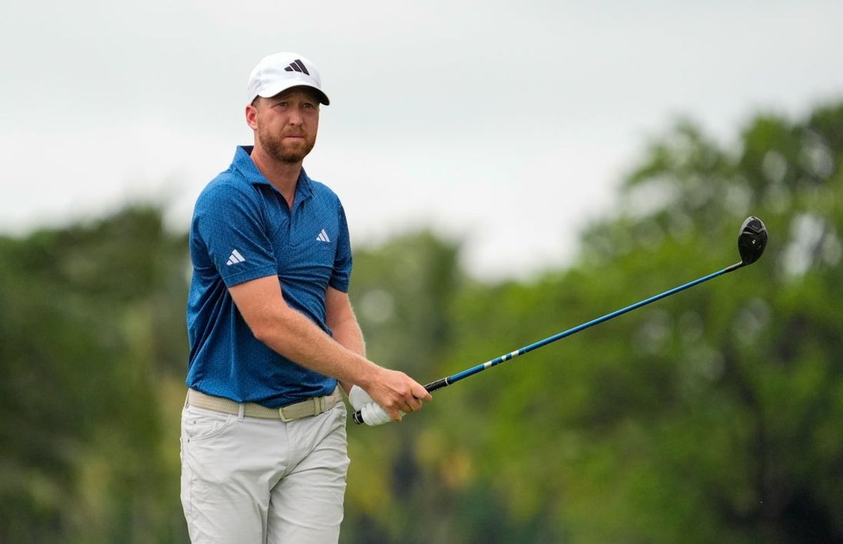 May 3, 2026; Miami, Florida, USA; Daniel Berger watches his tee shot on the second hole during the final round of the Cadillac Championship golf tournament. Mandatory Credit: Jeff Romance-Imagn Images