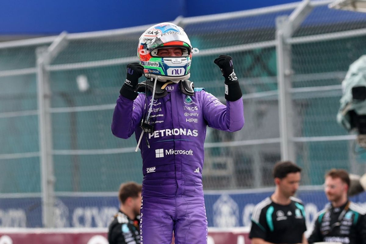 May 3, 2026; Miami Gardens, FL, USA; Mercedes driver Kimi Antonelli (12) reacts after winning the Crypto.com Miami Grand Prix at Miami International Autodrome. Mandatory Credit: Nathan Ray Seebeck-Imagn Images