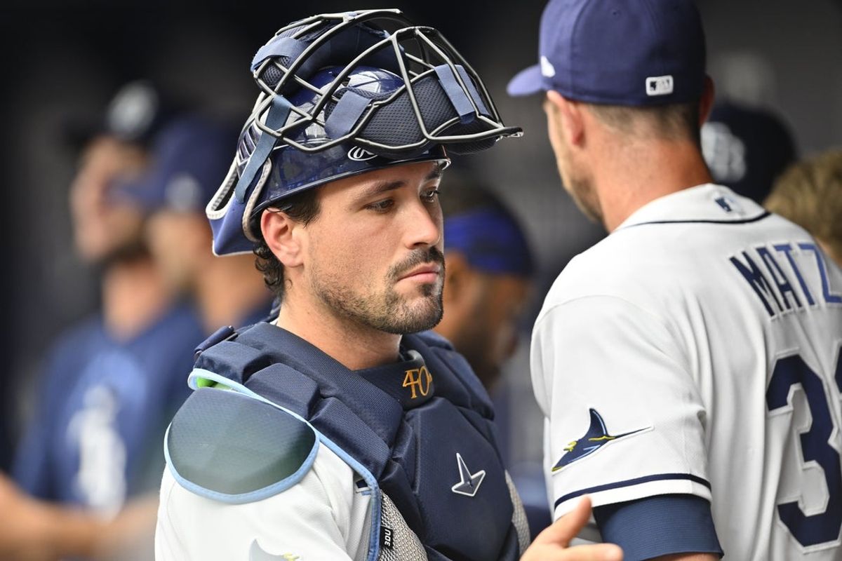 May 3, 2026; St. Petersburg, Florida, USA; Tampa Bay Rays catcher Nick Fortes (40) gets ready in the dugout during the first inning against San Francisco Giants at Tropicana Field. Mandatory Credit: Pablo Robles-Imagn Images