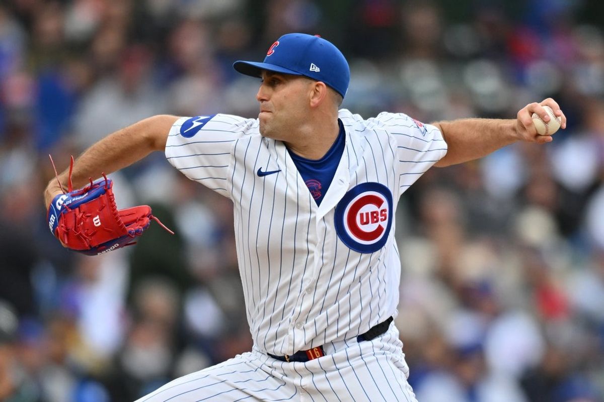 May 3, 2026; Chicago, Illinois, USA; Chicago Cubs pitcher Matthew Boyd (16) pitches against the Arizona Diamondbacks during the first inning at Wrigley Field. Mandatory Credit: Patrick Gorski-Imagn Images
