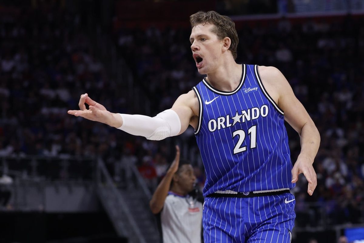 May 3, 2026; Detroit, Michigan, USA; Orlando Magic forward Moritz Wagner (21) celebrates a three point basket in the first half against the Detroit Pistons during game seven of the first round of the 2026 NBA Playoffs at Little Caesars Arena. Mandatory Credit: Rick Osentoski-Imagn Images