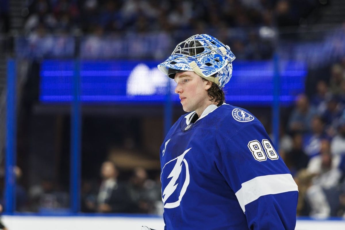 May 3, 2026; Tampa, Florida, USA; Tampa Bay Lightning goalie Andrei Vasilevskiy (88) against the Montreal Canadiens during the second period in game seven of the first round of the 2026 Stanley Cup Playoffs at Benchmark International Arena. Mandatory Credit: Morgan Tencza-Imagn Images