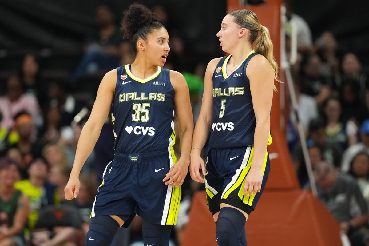 May 3, 2026; Austin, TX, USA; Dallas Wings guards Azzi Fudd (35) and Paige Bueckers (5) at the start of the second half against the Las Vegas Aces at Moody Center. Mandatory Credit: Scott Wachter-Imagn Images
