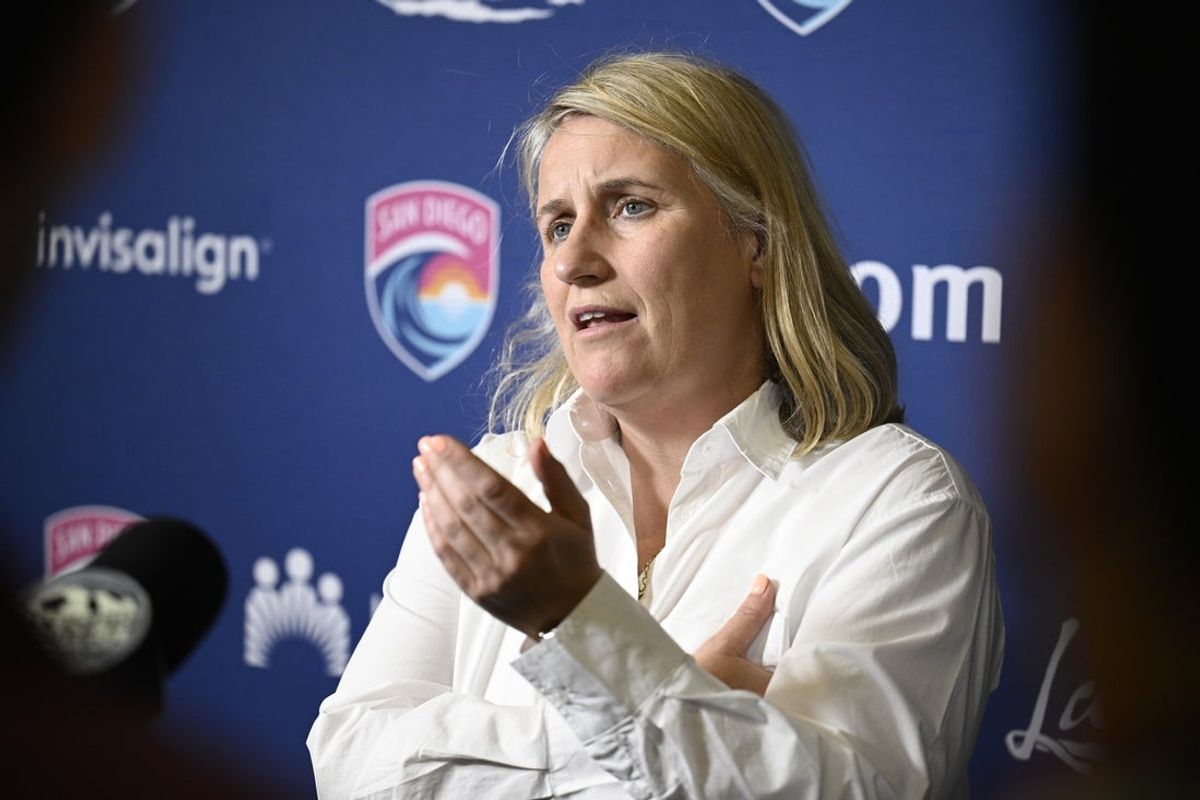 May 3, 2026; San Diego, California, USA; Emma Hayes, head coach of the U.S. Women's National Team, speaks at a news conference held before a match between Bay FC and San Diego Wave FC at Snapdragon Stadium. Mandatory Credit: Denis Poroy-Imagn Images