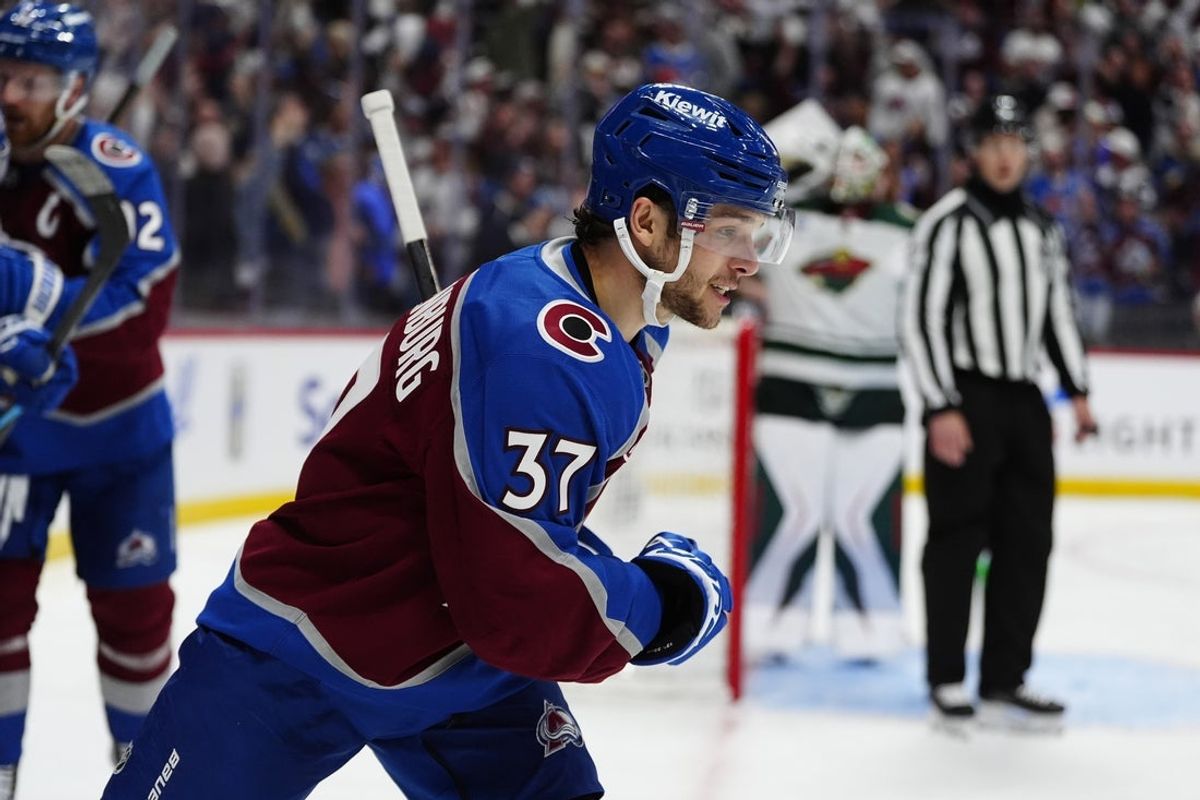 May 3, 2026; Denver, Colorado, USA; Colorado Avalanche defenseman Nick Blankenburg (37) celebrates his goal scored against the Minnesota Wild during the second period in game one of the second round of the 2026 Stanley Cup Playoffs at Ball Arena. Mandatory Credit: Ron Chenoy-Imagn Images
