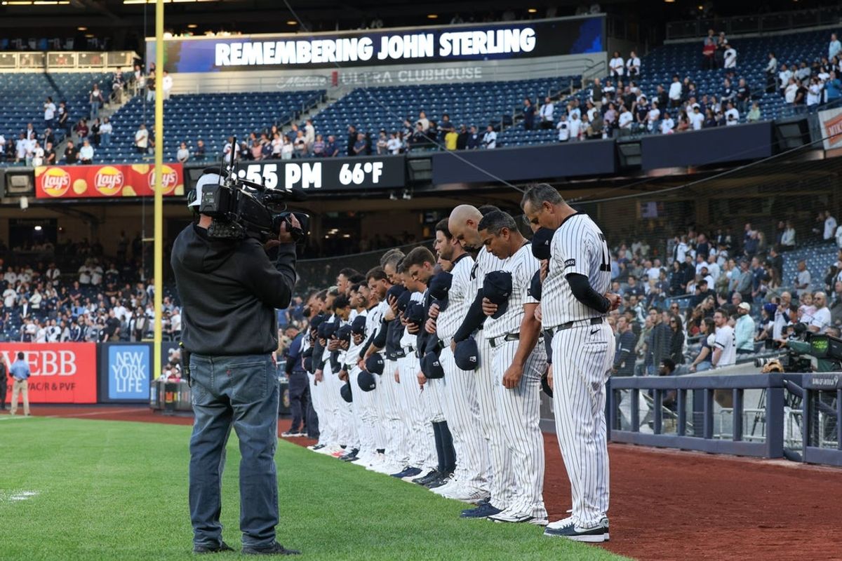 May 4, 2026; Bronx, New York, USA;  The New York Yankees honor radio play-by-play announcer John Sterling before the game against the Baltimore Orioles at Yankee Stadium. Mandatory Credit: Vincent Carchietta-Imagn Images