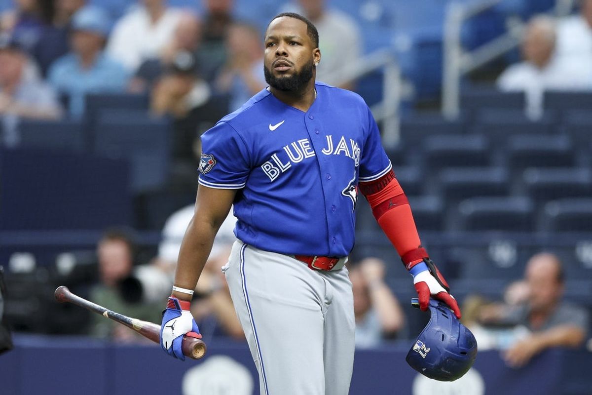 May 4, 2026; St. Petersburg, Florida, USA; Toronto Blue Jays first baseman Vladimir Guerrero Jr. (27) reacts after striking out against the Tampa Bay Rays in the first inning at Tropicana Field. Mandatory Credit: Nathan Ray Seebeck-Imagn Images