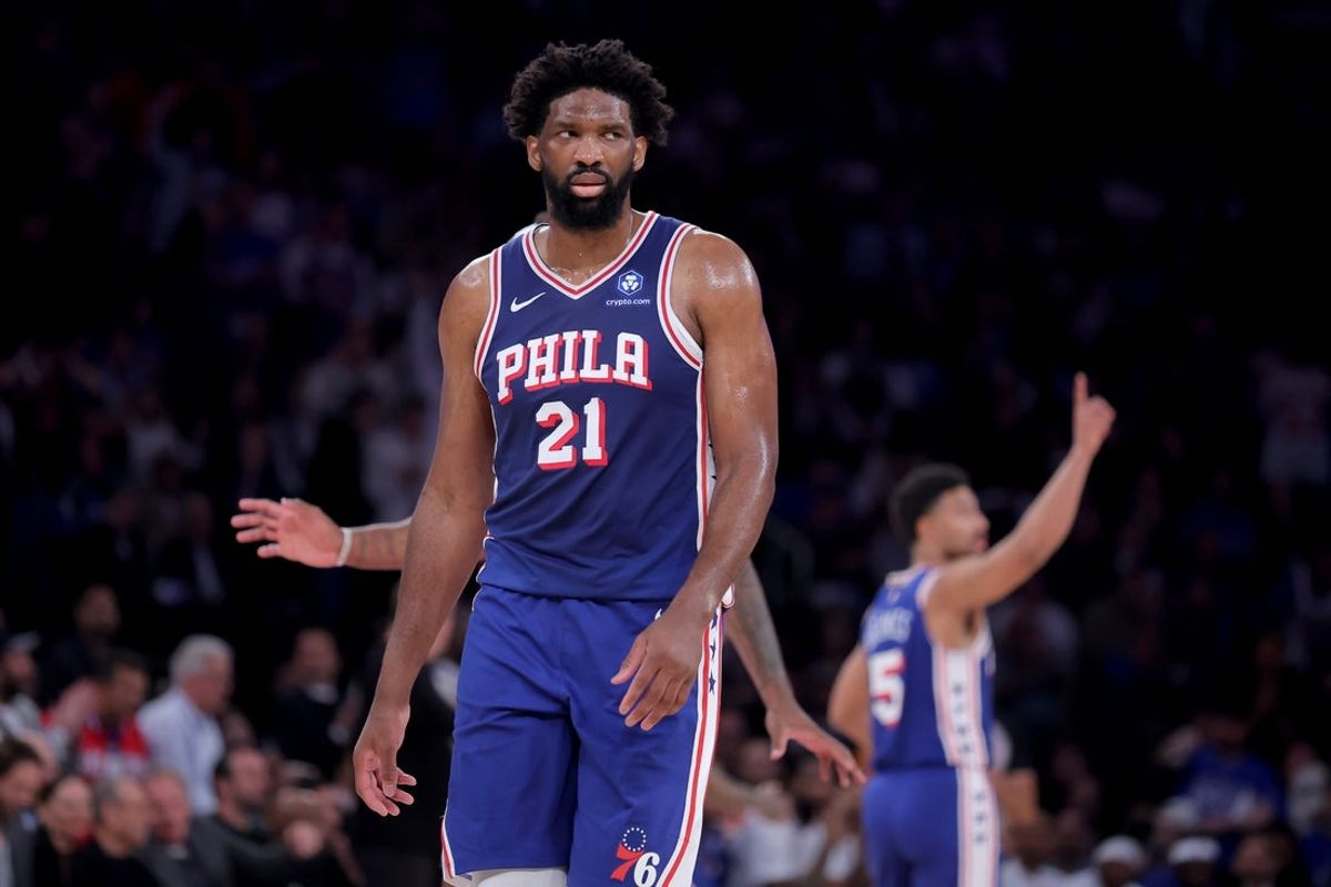 May 4, 2026; New York, New York, USA; Philadelphia 76ers center Joel Embiid (21) reacts during the first quarter of game one of the eastern conference semifinal round of the 2026 NBA Playoffs against the New York Knicks at Madison Square Garden. Mandatory Credit: Brad Penner-Imagn Images