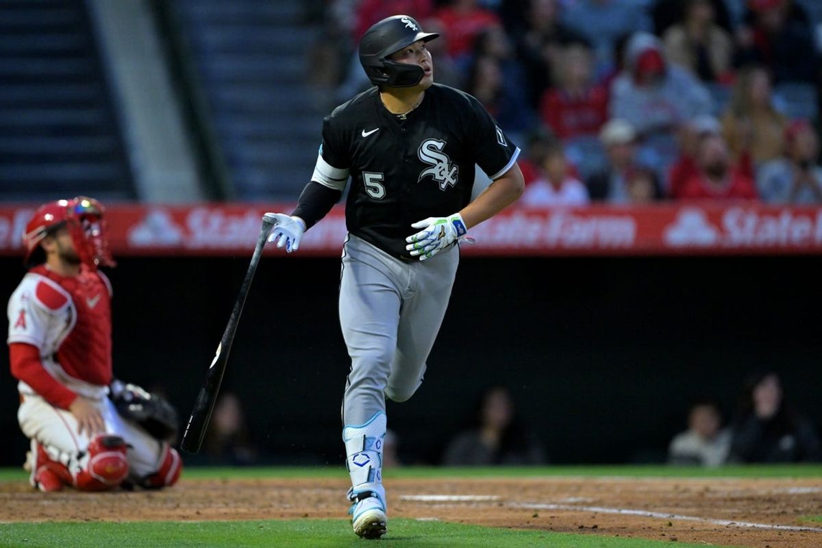 May 4, 2026; Anaheim, California, USA;  Chicago White Sox first baseman Munetaka Murakami (5) watches the flight of the ball on a two-run home run in the fourth inning against the Los Angeles Angels at Angel Stadium. Mandatory Credit: Jayne Kamin-Oncea-Imagn Images