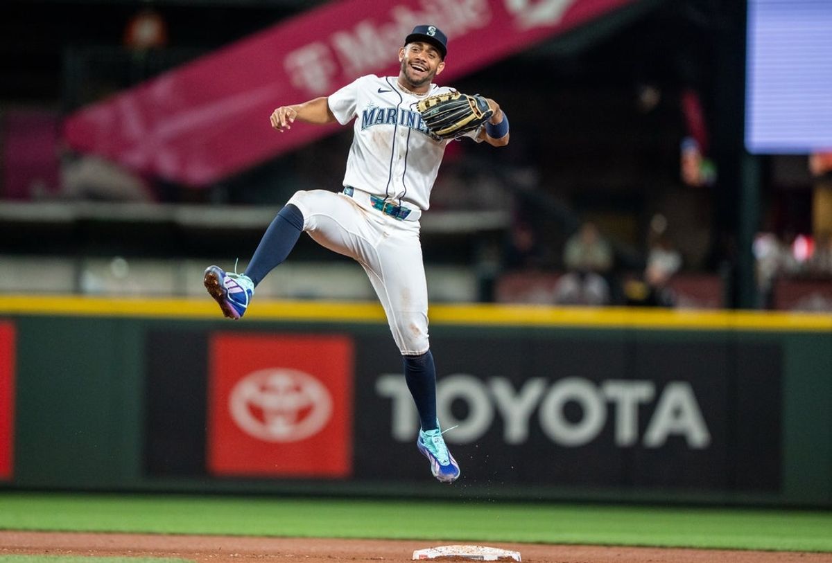 May 4, 2026; Seattle, Washington, USA;  Seattle Mariners centerfielder Julio Rodríguez (44) celebrates after a game against the Atlanta Braves at T-Mobile Park. Mandatory Credit: Stephen Brashear-Imagn Images