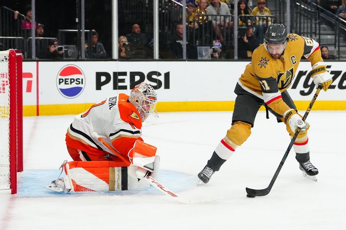 May 4, 2026; Las Vegas, Nevada, USA; Vegas Golden Knights right wing Mark Stone (61) controls the puck in front of Anaheim Ducks goaltender Lukas Dostal (1) during the third period of game one of the second round of the 2026 Stanley Cup Playoffs at T-Mobile Arena. Mandatory Credit: Stephen R. Sylvanie-Imagn Images