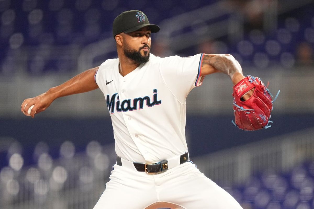 May 5, 2026; Miami, Florida, USA; Miami Marlins pitcher Sandy Alcantara (22) throws against the Baltimore Orioles in the first inning at loanDepot Park. Mandatory Credit: Jim Rassol-Imagn Images