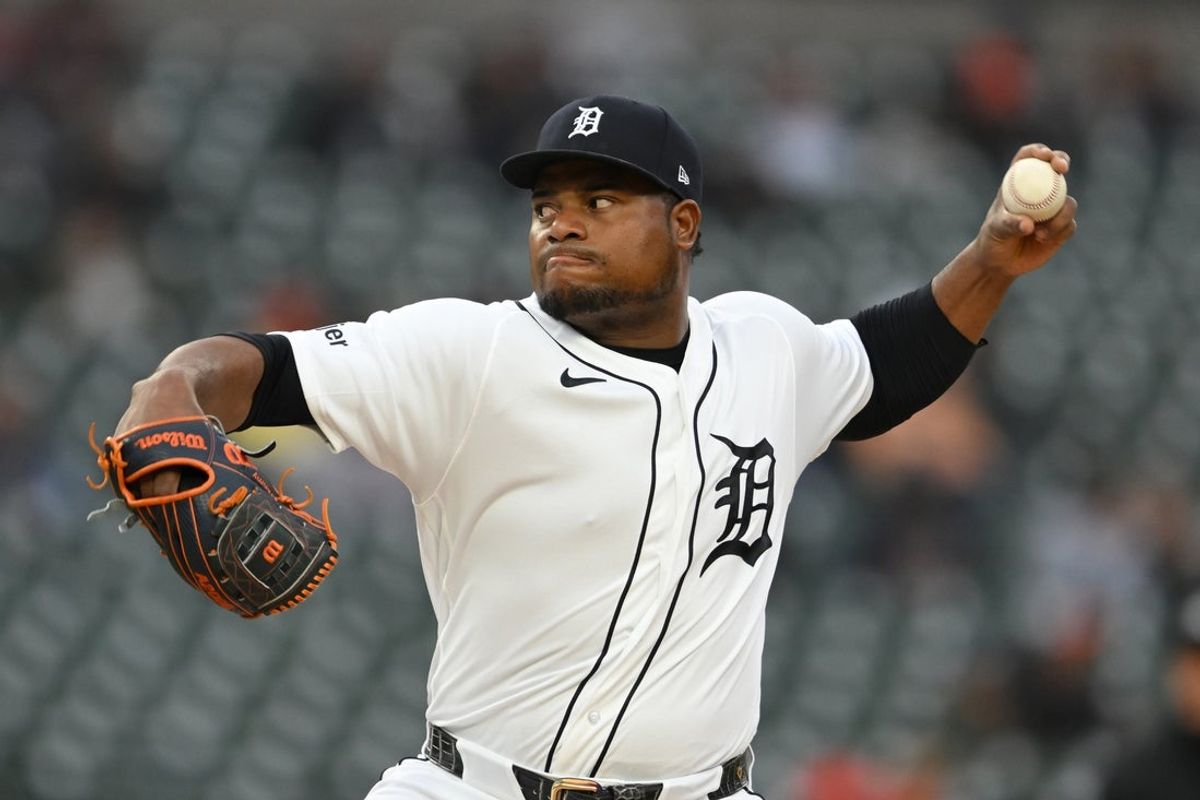 May 5, 2026; Detroit, Michigan, USA; Detroit Tigers starting pitcher Framber Valdez (59) throws a pitch against the Boston Red Sox in the second inning at Comerica Park. Mandatory Credit: Lon Horwedel-Imagn Images